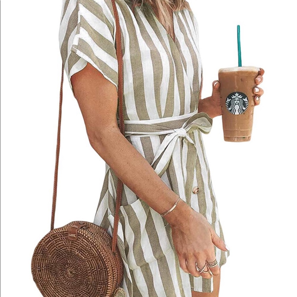 Womens Self-Belt Stripe Print Casual Shirt Dress